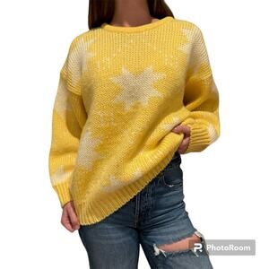 Vintage Wool Retro Bright Yellow Star Grandpa Grannycore Sweater Crew Neck Sz L